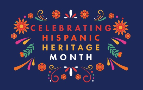 Celebrating Hispanic Heritage Month, in floral lettering on a navy background