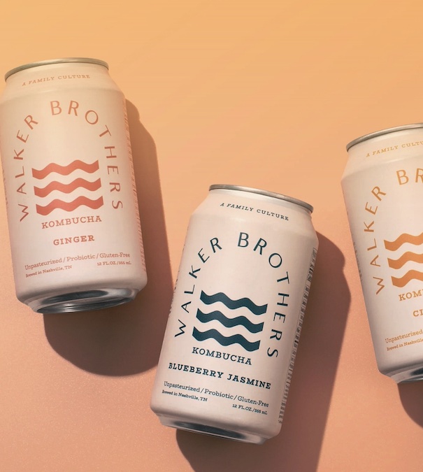 Three cans of Walker Brothers Kombucha — Ginger, Blueberry Jasmine and Citrus